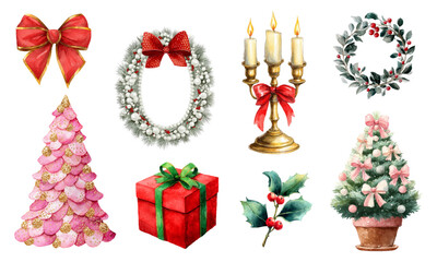 Watercolor set of Christmas elements for decoration. Christmas tree, red bow, holly branch, Christmas frame, wreath, candle holder with candles. Clipart for Christmas and New Year's designs.