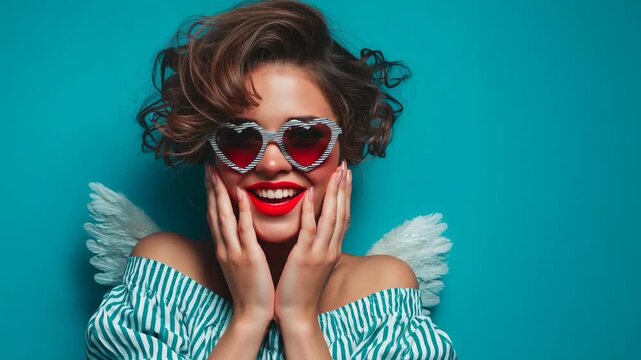 Fashionable woman with heart sunglasses curly hair blue background