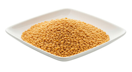 Isolated square plate with red lentils or dal, nutritious and healthy dried legumes