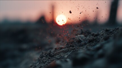A picture of the sun setting over a field of dirt