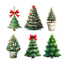 Watercolor set of Christmas trees. Vintage green Christmas trees decorated with a bow and balls. Trees in pots. Green attributes of Christmas and New Year.