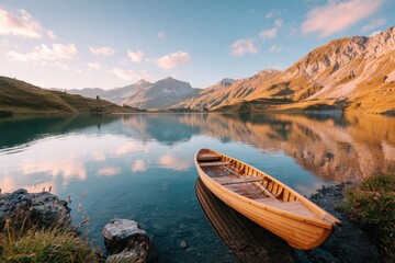 Fototapeta premium Serene Mountain Lake at Sunrise with Reflection and Wooden Boat in Peaceful Waters Surrounded by Majestic Peaks and Lush Greenery