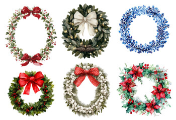Set of vintage Christmas wreaths. Christmas wreath made of green fir tree, poinsettia flowers, holly branches and others. Christmas and New Year round frames. Wreaths decorated with bows.