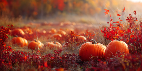 Closeup view of two bright orange pumpkins nestled amongst fallen red leaves in a softfocus autumn field at sunrise