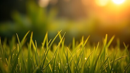 Fototapeta premium A tranquil sunrise over a lush green field, dewdrops glistening like tiny jewels in the morning light.