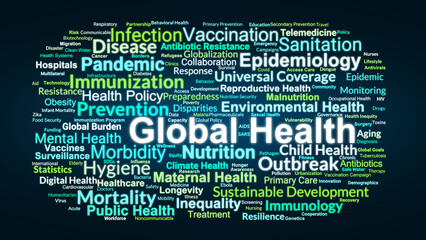 Global Health Word Cloud. Key Concepts On Epidemiology, Vaccination, Inequality, Systems, Policy, And Sustainable Development In International Healthcare.