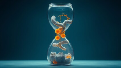 Translucent hourglass showing decaying cells transforming into glowing new structures, symbolizing cellular renewal.