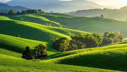 Obraz premium Lush Green Rolling Hills Under a Sunny Sky in Rural Landscape