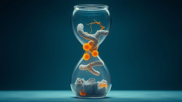 Translucent hourglass showing decaying cells transforming into glowing new structures, symbolizing cellular renewal.