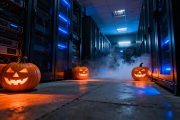 Spooky Server Room Halloween Data Center with Glowing Jack O Lanterns for IT Security Ads