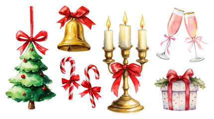 Vintage set of Christmas cliparts. Christmas tree decoration, Christmas tree, bell, candy, candles in gold tinsel, glasses of champagne and gift. Watercolor Christmas elements.