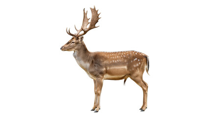 Isolated fallow deer buck, Dama dama, spotted coat, large antlers in velvet, side view