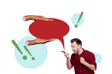 Trend artwork composite sketch image 3D photo collage of speech cloud chatting message sms talk young man hold phone call scream bad mood