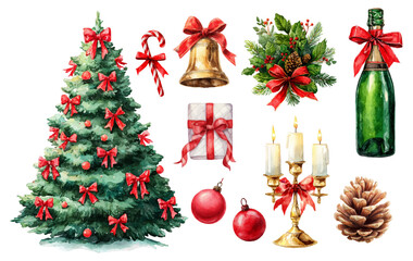Watercolor set of Christmas elements. Christmas tree, bottle of champagne, Christmas tree bouquet, Christmas balls, bell and candy. Vintage and retro Christmas cliparts.