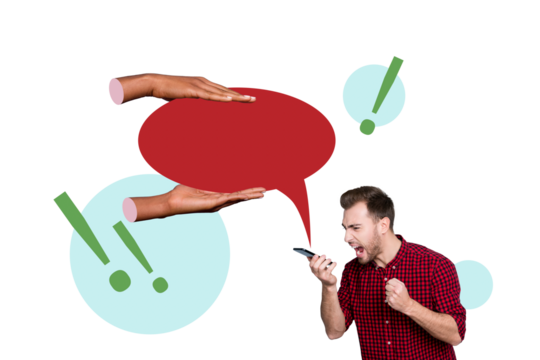 Trend artwork composite sketch image 3D photo collage of speech cloud chatting message sms talk young man hold phone call scream bad mood