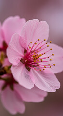 Closeup of pink cherry blossom flower with delicate petals  