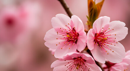 Delicate cherry blossoms blooming in soft pink color  
