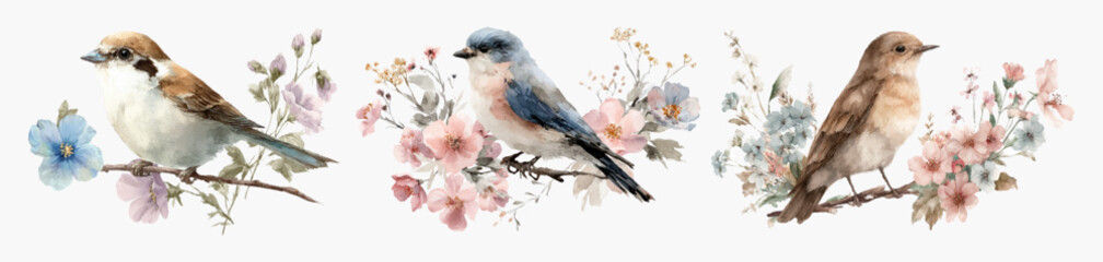 Watercolor set of spring birds sitting on a branch. Spring birds on a flowering branch of a larew. Spring birds. Spring elements of nature. Vector illustration.