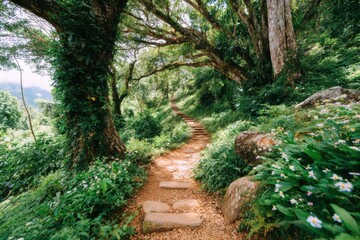Fototapeta premium Serene Pathway through Lush Green Forest with Vibrant Flora, Inviting Nature Walk Amidst Towering Trees and Natural Beauty in Tranquil Outdoor Environment