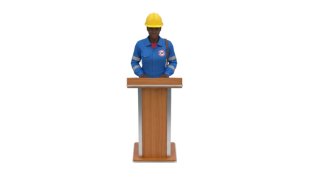 Isolated woman in hard hat giving presentation from lectern, addressing business audience