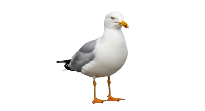 Isolated Seagull portrait, gull standing on two legs, bird with grey and white plumage, nature