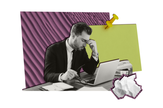 Composite photo collage of sad businessman work problem crumpled paper sit office workplace laptop device isolated on painted background