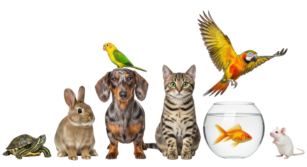 Isolated pet animals sitting or standing together looking at camera in full view studio shot
