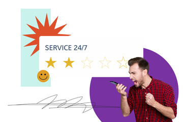 Composite trend artwork sketch image photo collage of service 24 7 opinion rating review comment feedback young guy hold smartphone scream