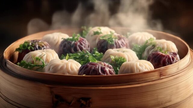 Steaming Dumplings in Wooden Bowl