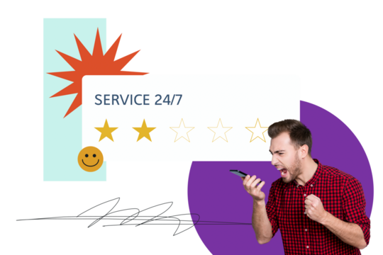 Composite trend artwork sketch image photo collage of service 24 7 opinion rating review comment feedback young guy hold smartphone scream