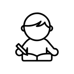 black line art icon of a person sitting and writing or drawing in an open book or notebook. Excellent for websites or blogs about education, writing, learning, journaling, or taking notes