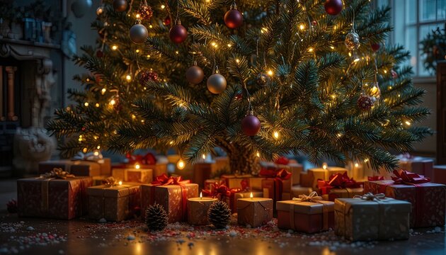 Festive holiday scene shows a beautifully decorated evergreen tree with glowing fairy lights and hanging ornaments. - Powered by Adobe