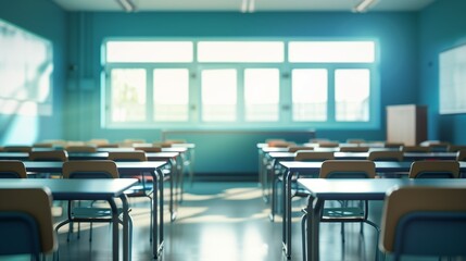 Empty classroom interior with desks, chairs and large window, soft blurred background, education backdrop.