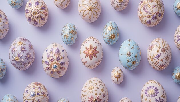 Decorative, ornate Easter eggs showcase intricate designs, featuring floral and abstract patterns with gold accents and jewel embellishments against a soft pastel purple background.