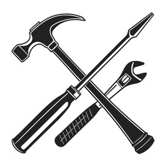 Crossed Hammer and Adjustable Wrench with Screwdriver Silhouette on White Background Keywords: tool, hammer, wrench, screwdriver, crossed, silhouette, black and white, illustration, graphic