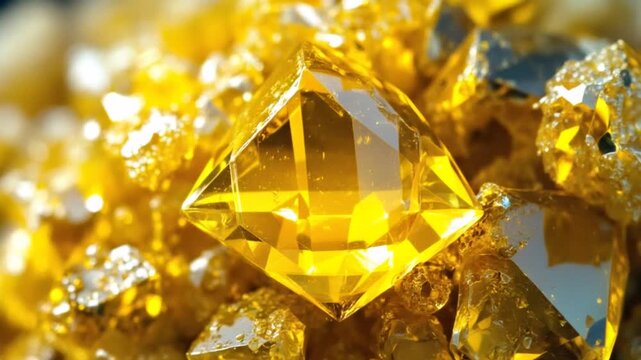 Close-up of a brilliant yellow gemstone surrounded by smaller sparkling crystals, showcasing its facets and vibrant color.