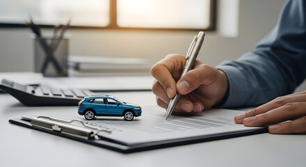 Close-up of a hand signing a vital document, likely a car insurance policy or vehicle purchase agreement, with a miniature car on the desk