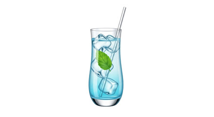 Isolated glass of cool blue beverage, ice cubes, drinking straw, mint leaf – summer refreshment