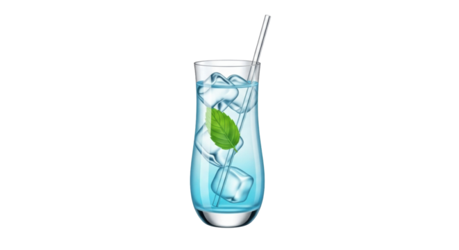 Isolated glass of cool blue beverage, ice cubes, drinking straw, mint leaf – summer refreshment - Powered by Adobe