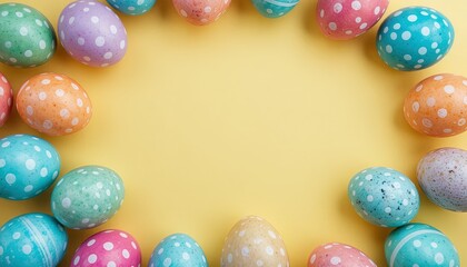 Colorful, patterned eggs are arranged around a yellow background, creating a cheerful and festive visual.