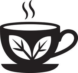 Black silhouette of a teacup with leaves and steam