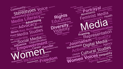Media For Women Word Cloud. Key Concepts On Gender, Representation, Feminism, Communication, Empowerment, Diversity, And The Role Of Women In Media And Culture.