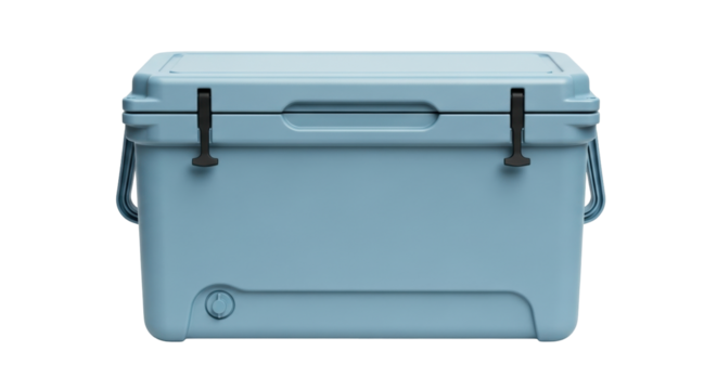 Isolated sturdy light-blue cooler box for outdoor activities, picnics, travel, or camping trip