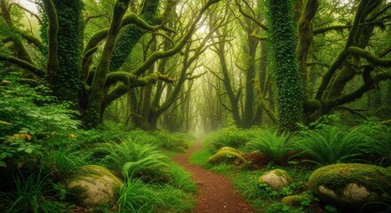 Naklejka premium Enchanting forest path winds through ancient moss-covered trees creating a mystical green tunnel. Lush ferns carpet the floor while twisted branches form natural arches overhead.