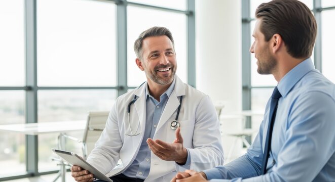 Smiling doctor in white coat with stethoscope consulting patient in modern medical office. Professional healthcare consultation showing positive doctor-patient relationship in bright clinic.
