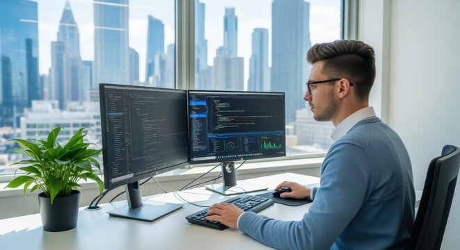 Software developer coding at modern office with dual monitors showing code and analytics. Professional with glasses works at computer setup with city view through windows. Clean desk with plant. - Powered by Adobe