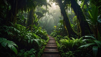 Lush Tropical Forest Path with Sunlight Breaking Through Canopy and Vibrant Green Foliage