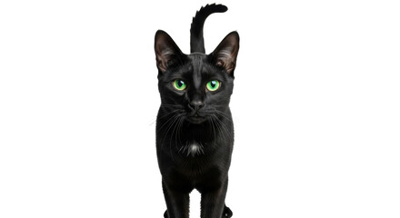 Isolated black cat standing, looking forward, with green eyes and tail pointing up