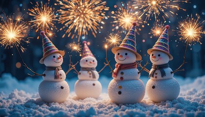 Four adorable snowmen wearing colorful hats and scarves are gathered in a snowy landscape, holding sparklers and celebrating under a beautiful display of fireworks, creating a festive and joyful...