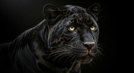 Obraz premium Majestic black panther with piercing golden eyes gazing directly at viewer against dark background. The big cat's spotted coat and prominent whiskers create dramatic contrast.